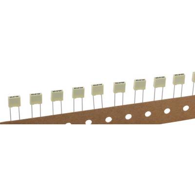 A series of electronic resistors with long wires, affixed to a brown paper tape with holes for mounting.