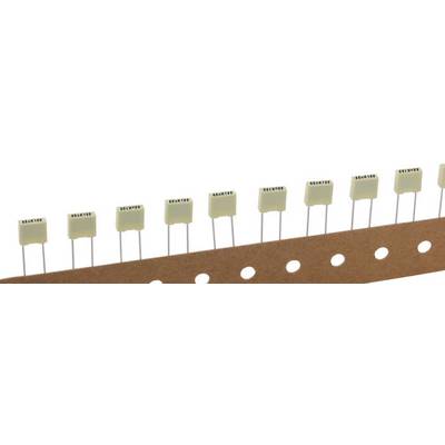 Capacitors with long wire leads, arranged in a row on a tape, ready for machine population of printed circuit boards.