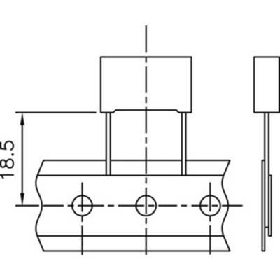 Technical drawing of a component with three drill holes, two vertical rods and an upper rectangular component. Left side dimension of 18.5.