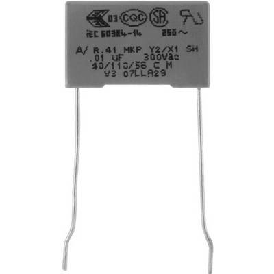 Capacitor with markings: 'IEC 60384-14', '300VAC'. Two wire terminals, suitable for electronic circuits.