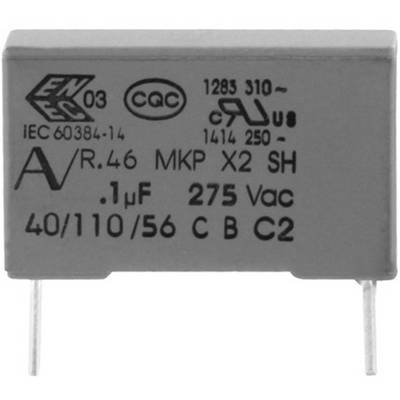 Grey electrical capacitor with label: 'MKP X2 SH 0.1µF 275 Vac'. Contains technical symbols and certifications.