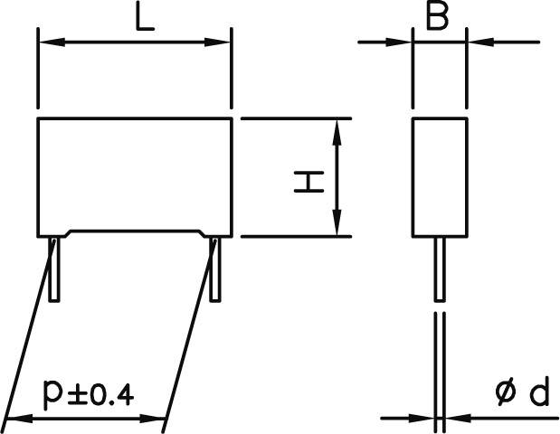 Technical drawing of an electronic component with dimensions L, W, H, p±0.4 and ø d. Shows front and side views of the component.