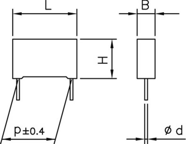 Technical drawing of an electronic component with dimensions: Length (L), Width (B), Height (H), Pin spacing (p±0.4), Diameter (ø d).
