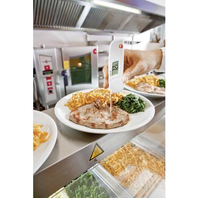 A plate of roasted meat, spätzle and spinach is being measured with a thermometer. Temperature reads 72.6 °C. Background: Kitchen.