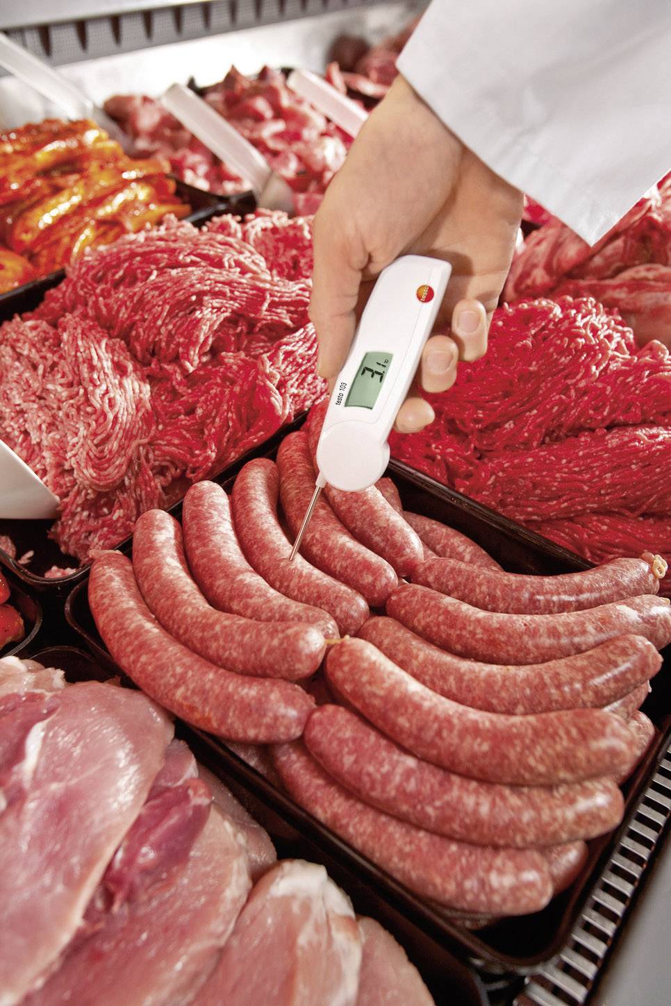 A hand holds a thermometer in sausages to measure the temperature, against a background of various fresh meat types.