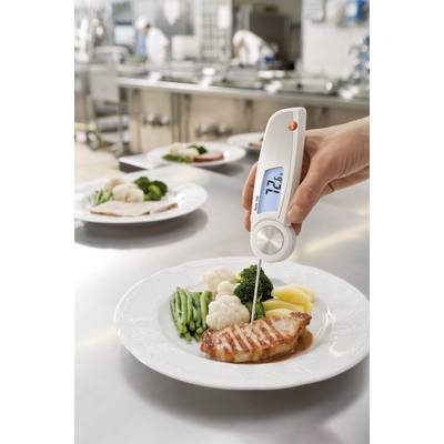 A thermometer is measuring the temperature of a grilled chicken fillet on a plate with vegetables, presumably in a restaurant kitchen.