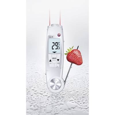 A digital thermometer displays 29.5°C. An attached sensor is inserted into a strawberry. Background with water droplets.