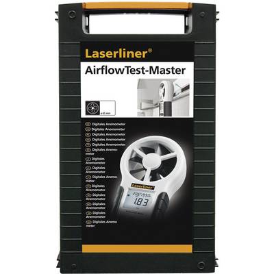 'Laserliner AirflowTest-Master' anemometer on the packaging. Shows a digital display with the value '18.3' and a fan.
