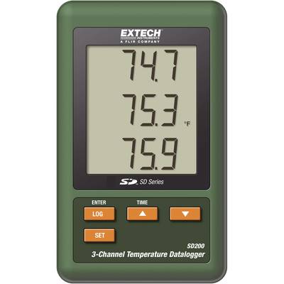 Extech SD200 three-channel temperature data logger displays temperatures of 74.7°F, 75.3°F and 75.9°F.