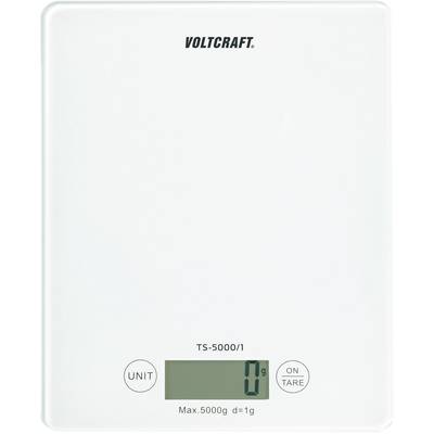 Digital kitchen scales with '0g' display, buttons for unit conversion and tare function, maximum capacity of 5000g.