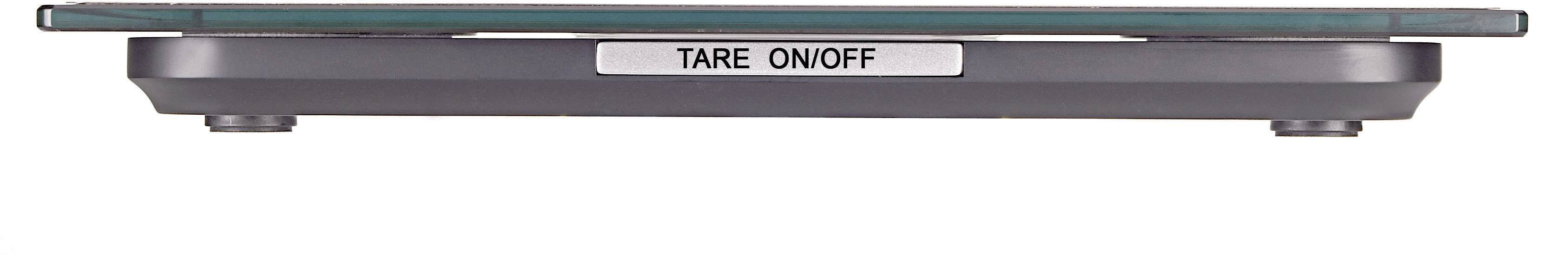 Flat electronic weighing scale viewed from the side with the inscription 'Tare On/Off'.