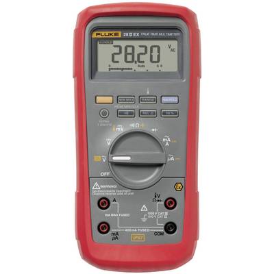 Digital multimeter with a red casing shows '28.20 VAC' on the display. Functions and buttons for various measurement types are visible.