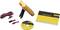 A digital multimeter set consisting of a multimeter, instruction manual, test leads, and a driver CD in yellow and black.