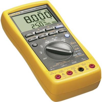 Digital multimeter with a yellow casing, displaying a reading of '8.000' on the screen. It has multiple buttons and sockets.