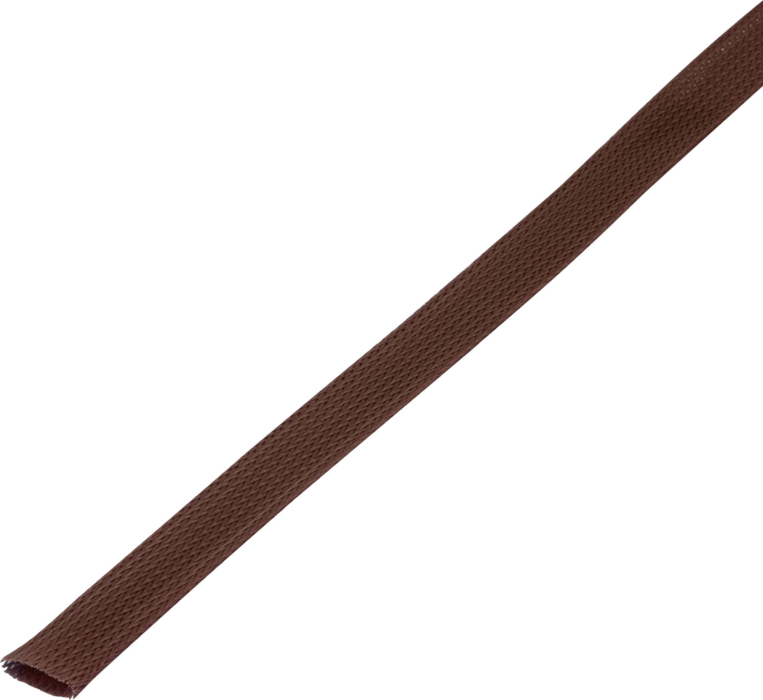 Brown cable sleeve for bundling and protecting cables, showing braided material and flexible structure.