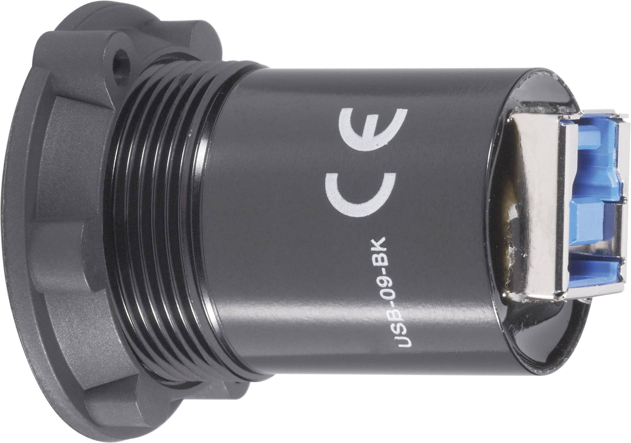 Black USB port adapter, cylindrical shape, with CE marking and inscription 'USB-09-BK'.