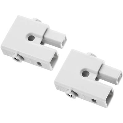 Two grey plastic connectors with a rectangular shape and screws, used for electrical connections.
