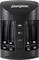 A black Energizer battery charger with four slots for AA or AAA batteries. Three LED indicators display the charging status.