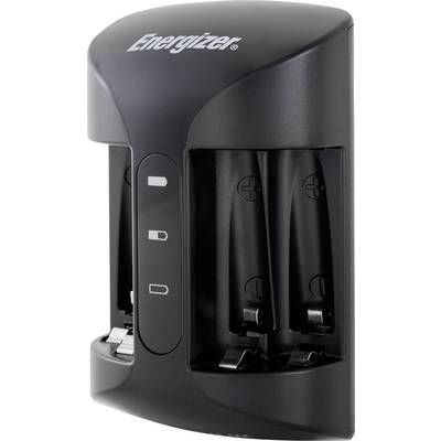 A black Energizer charger with space for four AA batteries. It displays an LED indicator showing charging progress.
