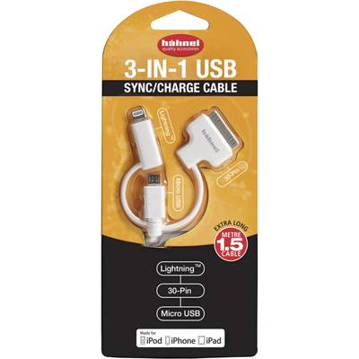 Packaging for a '3-in-1 USB Sync/Charge Cable' with connectors for Lightning, 30-Pin and Micro USB, suitable for iPod, iPhone and iPad.