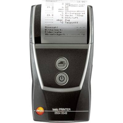 Portable printer with paper roll, displaying temperature and pressure data. Power and print buttons are visible.