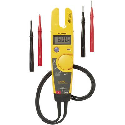 Voltage and continuity tester with digital display, yellow, situated between "+" and "-" connections. Four test probes in red and black alongside.
