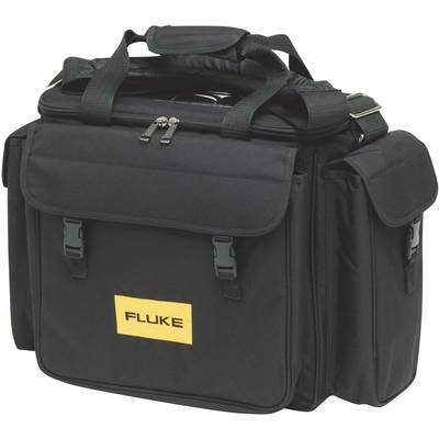 Black tool bag with yellow 'Fluke' logo on the front, equipped with multiple compartments and sturdy handles.