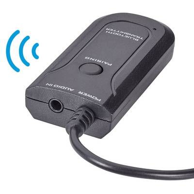 Black Bluetooth transmitter with audio cable, symbolising wireless audio transmission. Rectangular shape, connection for audio input.