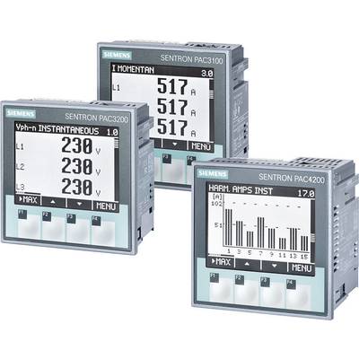 'Three Siemens Sentron PAC measuring devices show voltage and current measurements. One device displays a bar graph of harmonic currents.'