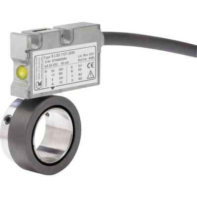 An industrial sensor with a green light sensor on top and connection cable. Suitable for detecting rotational movements in machinery.
