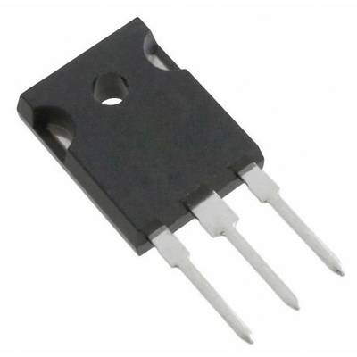 A black electronic transistor with three silver connection pins, typically used in electrical circuits.