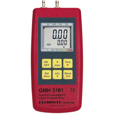 Digital pressure measuring device with red casing, display showing '0.00'. Buttons for On/Off, Max, Tare, Menu, Minimum, Store and Quit present.