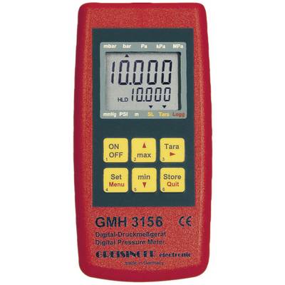 A digital pressure measuring device, Model GMH 3156, with a red housing and display shows '10,000'. Operational buttons are arranged underneath.