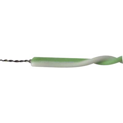 Green and grey wire spirally twisted on a white background.