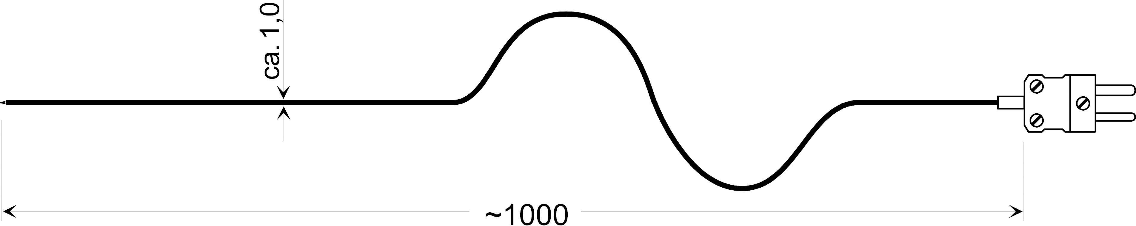 Diagram of a corrugated cable with length specifications: approx. 1.0 for wave height and ~1000 for cable length. Ending with a plug on the right side.