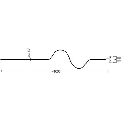 Diagram of a corrugated cable with length specifications: approx. 1.0 for wave height and ~1000 for cable length. Ending with a plug on the right side.