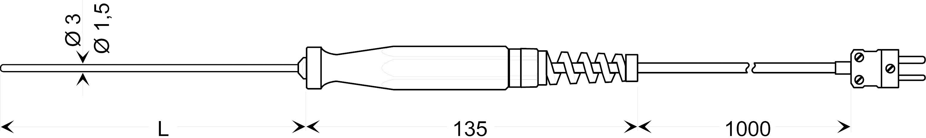 Drawing of a pin header with dimensions: length 135 mm, 1000 mm cable, diameter 3 mm and 1.5 mm. Spiral spring and plug on the right.