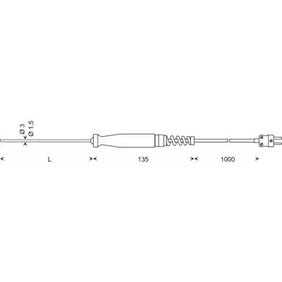 Drawing of a pin header with dimensions: length 135 mm, 1000 mm cable, diameter 3 mm and 1.5 mm. Spiral spring and plug on the right.
