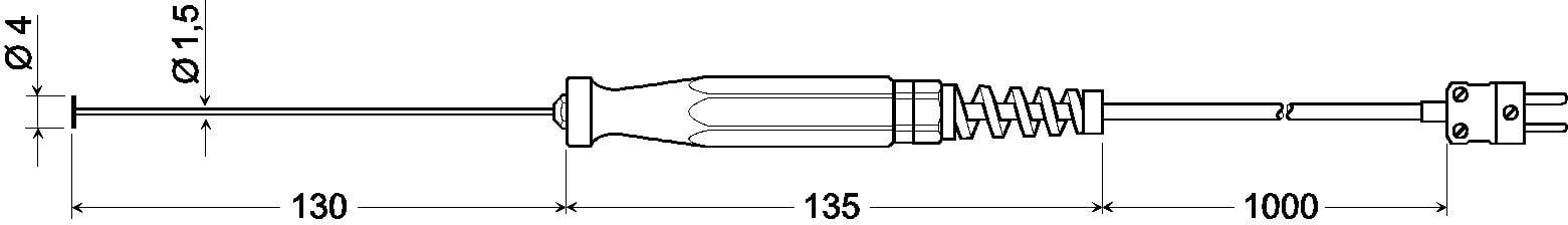 Diagram of a cable with handle, spiral spring, and plug. Total length 1265 mm with parts: 130 mm, 135 mm cable lengths, Ø4 and Ø1.5.