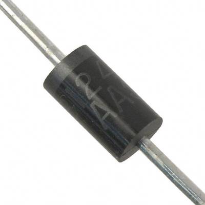 A black diode with silver connecting wires on a white background. It is used in electronic circuits.