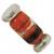 A red glass bead resistor with black stripes and silver end caps, likely a component in an electrical circuit.