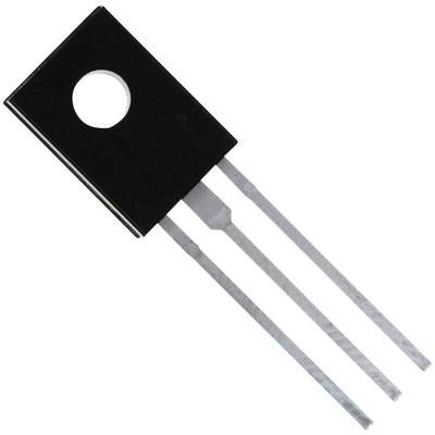 A black semiconductor chip with three metallic connections. Possibly a transistor, used in electronic circuits.