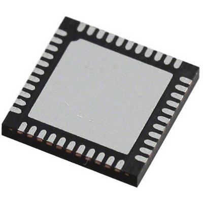 A square computer chip with numerous pins on all sides, on a neutral background, used for electronic devices.