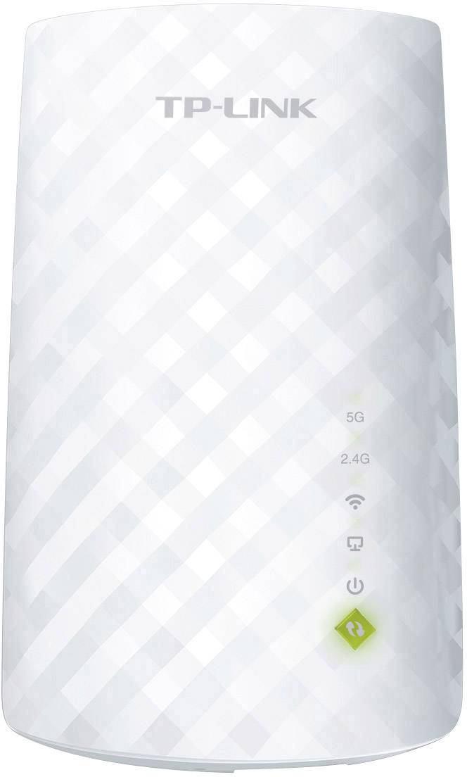 White TP-Link Wi-Fi range extender with dual-band wireless connectivity, featuring 5GHz and 2.4GHz bands, indicated by front panel LED lights.