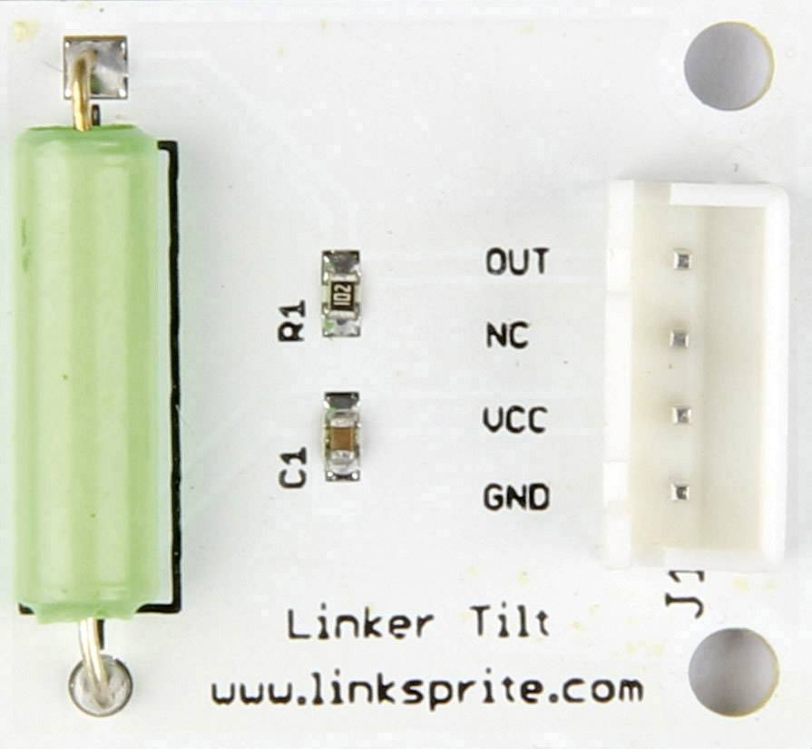 Printed circuit board with green coil and connections for OUT, NC, VCC, GND. Label: 'Left Tilt', www.linksprite.com.