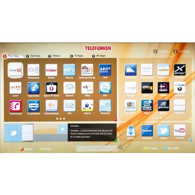 Screen with app icons and title bar 'TELEFUNKEN'. Various categories such as 'New Apps', 'Services', 'All Apps' at the top.