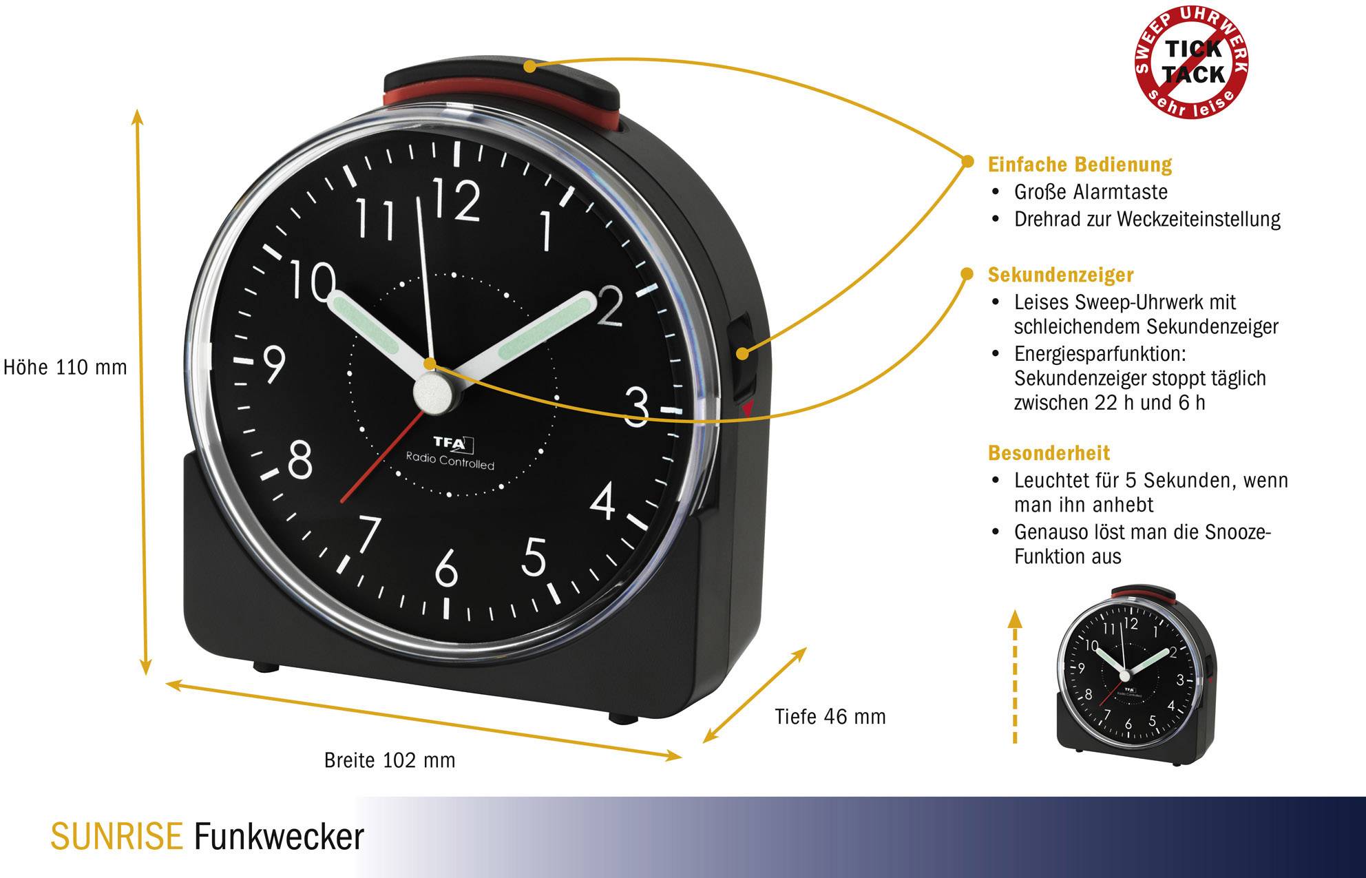 TFA Dostmann 60.1513.01 Radio Alarm clock Black Fluorescent Hands