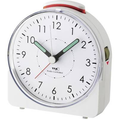 A white, battery-powered desk clock with a black dial and green luminous hands shows 10:09.