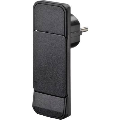 Black, rectangular socket adapter with an EU plug, positioned sideways. Suitable for space-saving applications.