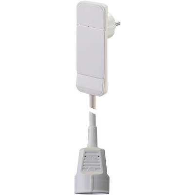 A white plug adapter with a connected cable leading downwards. It is plugged into a vertical wall socket.